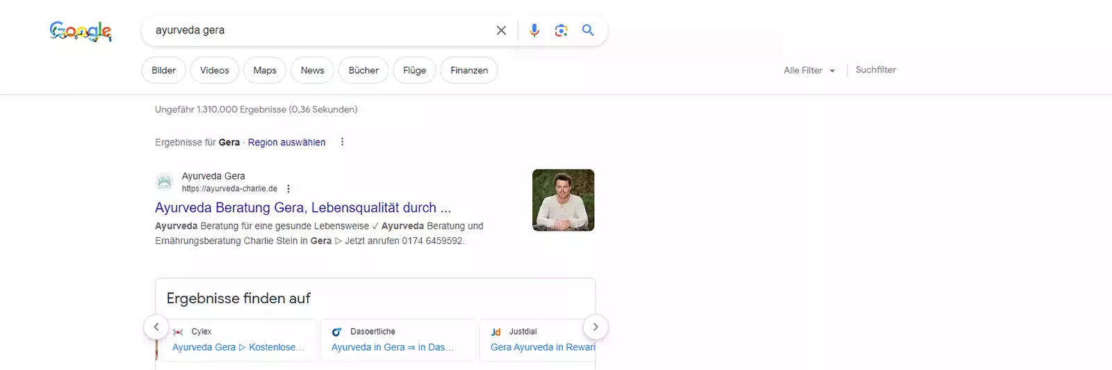 Screenshot der Google Suchbegriffe für das Keyword | Ayurveda Gera