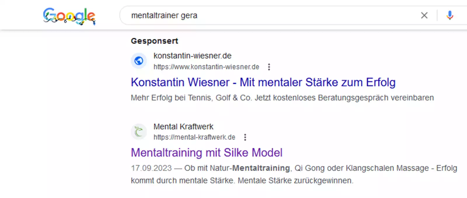 Hier sehen Sie den Screenshot der Suchergebnisse für das Keyword Mentaltrainer Gera